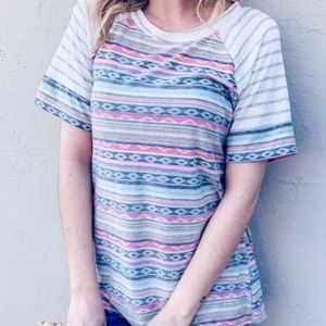 Multi Striped Short Sleeve Round Neck Casual Knit Top
